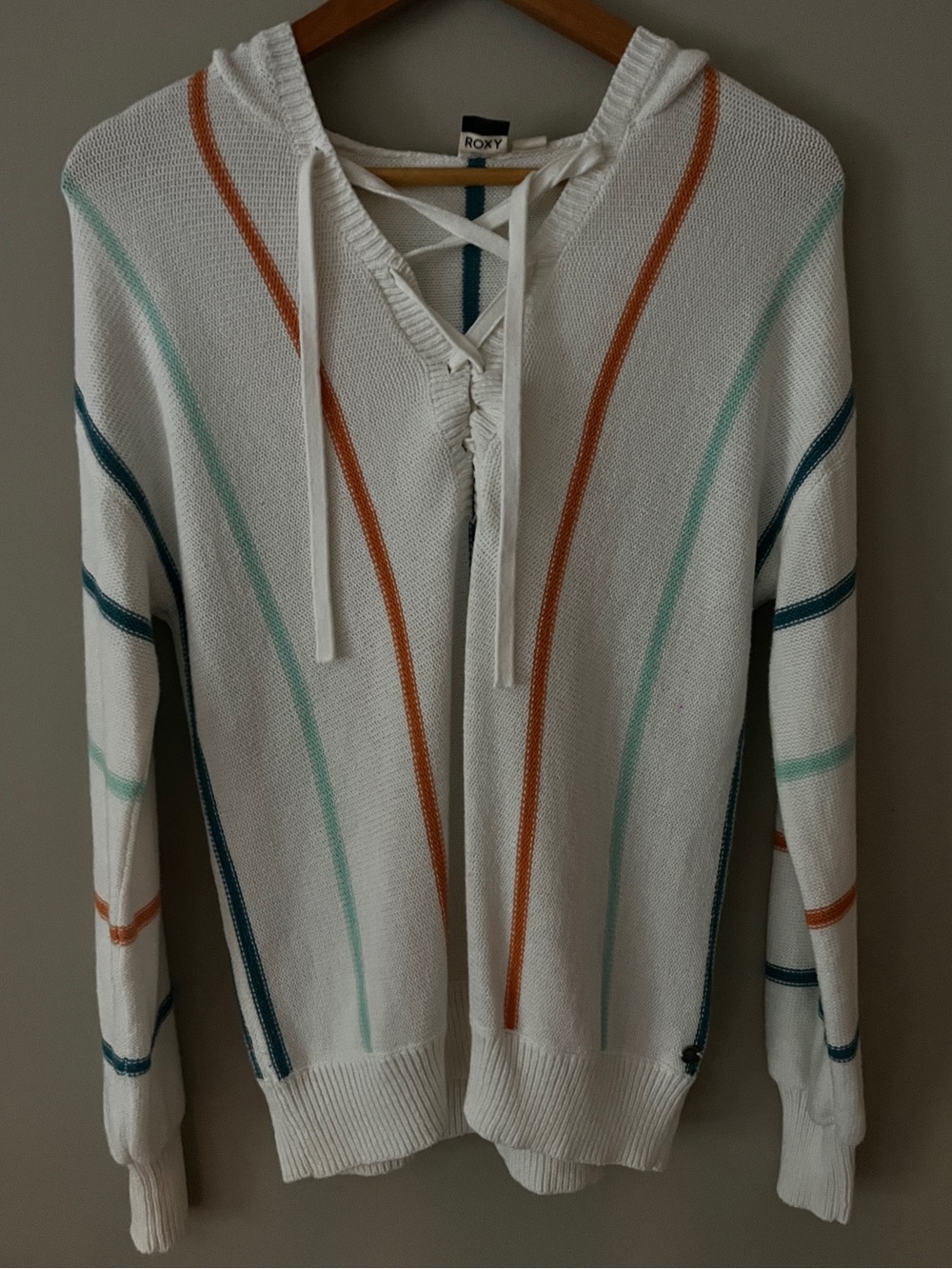 Roxy White Lace-Up Hooded Sweater with Orange and Teal Stripes oversized